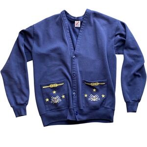 Vintage Jerzees Navy Blue Nautical Embroidered Cardigan Sweatshirt Made in USA